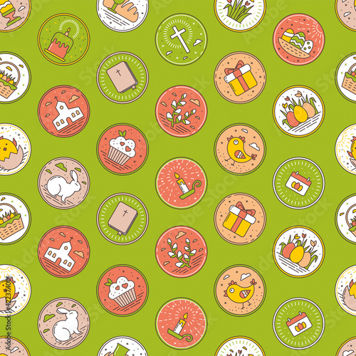 Seamless Pattern of Linear Easter Icons and Spring Holiday Elements. Simple Images with a Stroke in Pastel Colors