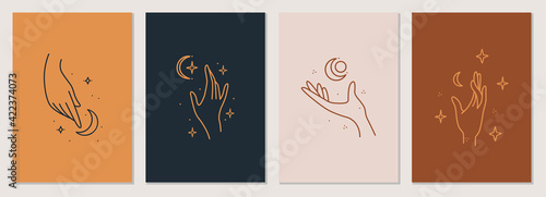 Celestial talisman with woman hands, sun, moon, stars sacred geometry isolated. Vector abstract logo design template in trendy linear minimal style.For cosmetics and packaging, jewellery, hand crafted