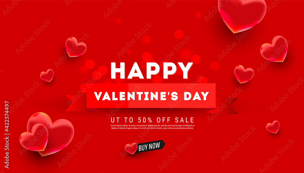 Valentines day background design with 3d air love balloons decor on a red background with greeting text. Holiday banner, web poster, flyer, color brochure