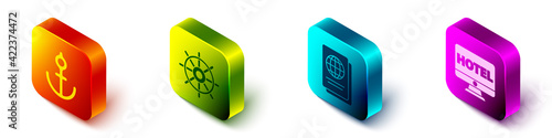 Set Isometric Anchor, Ship steering wheel, Passport and Online hotel booking icon. Vector