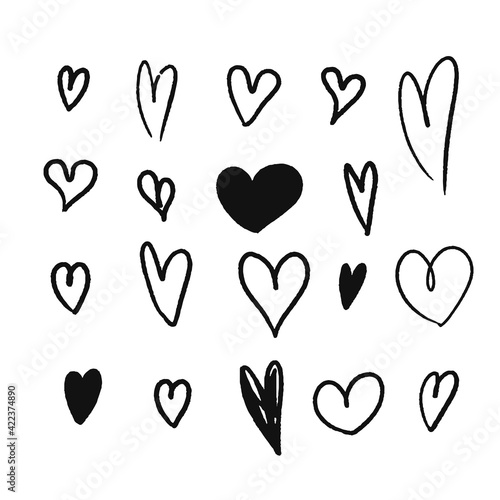 Heart black flat cartoon icon set isolated on white background. For poster, wallpaper and Valentine's day.