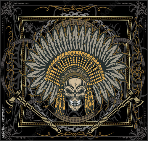 Skull  of Indian. Indian chief tomahawk