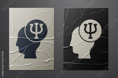 White Psychology icon isolated on crumpled paper background. Psi symbol. Mental health concept, psychoanalysis analysis and psychotherapy. Paper art style. Vector