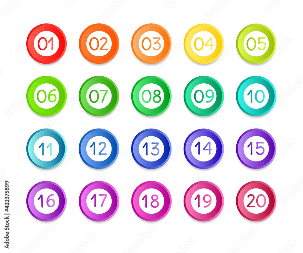Bullet numbers. Infographic buttons and points. Icon with numbers from 1 to 20. 3d pointers for promotion. Colorful gradient markers for badges, tags. Modern logos in map interface. Vector. Bullet numbers. Infographic buttons and points. Icon with numbers from 1 to 20. 3d pointers for promotion. Colorful gradient markers for badges, tags. Modern logos in map interface. Vector.