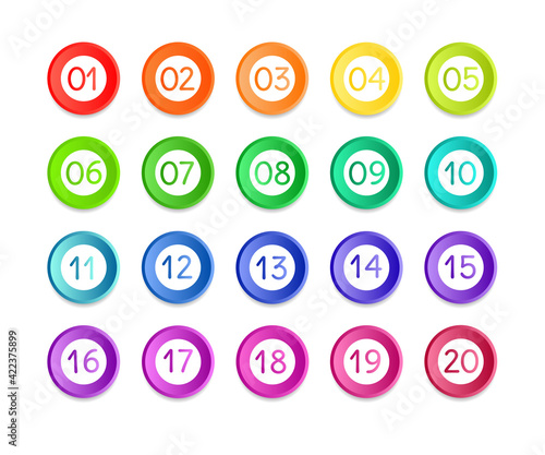 Bullet numbers. Infographic buttons and points. Icon with numbers from 1 to 20. 3d pointers for promotion. Colorful gradient markers for badges, tags. Modern logos in map interface. Vector.