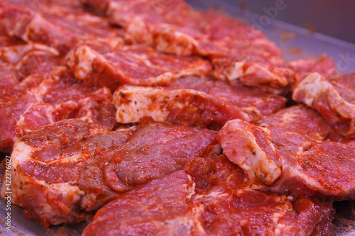 Pork neck steaks farm fresh meat close up