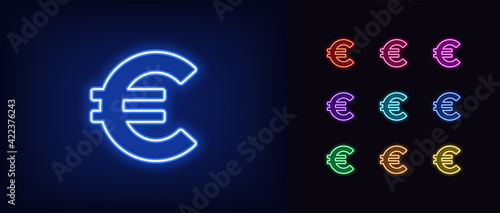 Neon euro icon. Glowing neon euro sign, outline money symbol