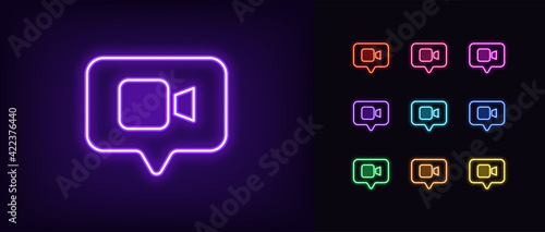 Neon video camera icon. Glowing neon camera sign, outline videography symbol with bubble