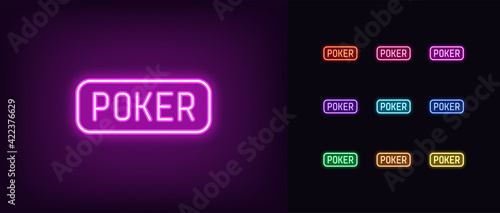 Neon poker icon. Glowing neon poker text, outline sign