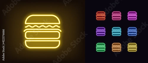 Neon burger icon. Glowing neon hamburger sign, outline cheeseburger symbol