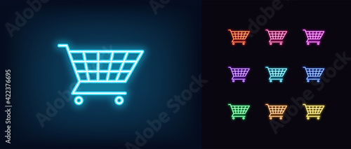 Neon shopping cart icon. Glowing neon trolley basket sign, outline shop cart symbol