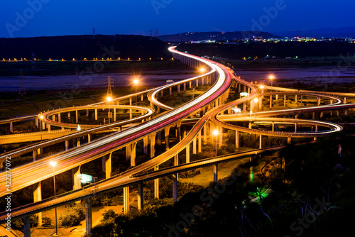 Aerial view of a Unique City Highway and Interchanges at night. Expressway top view in Taichung  Taiwan.