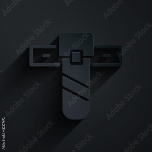 Paper cut Knife holster icon isolated on black background. Paper art style. Vector