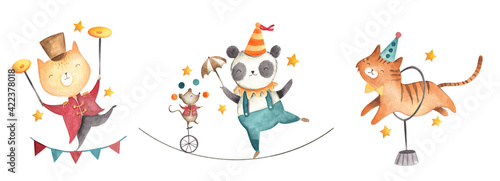 Circus watercolor illustration baby panda cat tiger 
