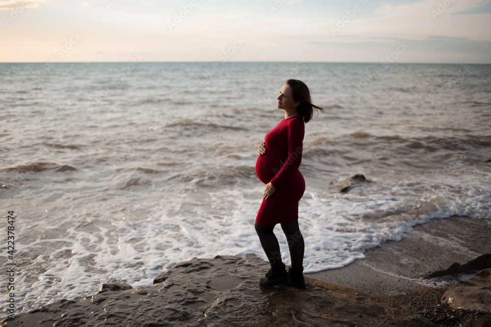 Stylish pregnant woman. Beautiful young pregnant woman enjoying the sunset. Pregnant tummy. The pleasure of pregnancy. Life style. Motherhood.Maternity.