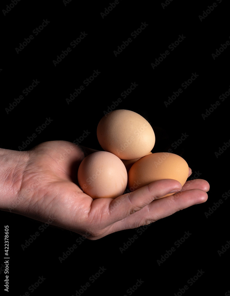 Person hand holding brown chicken eggs on black isolated background Person hand holding brown chicken eggs on black isolated background