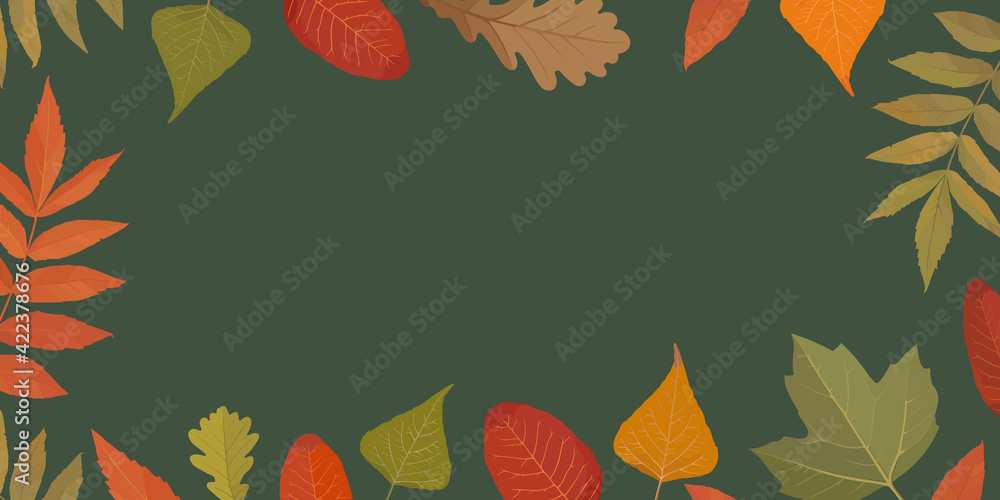 Autumn frame from yellow, green and orange poplar, rowan, maple, oak leaves and twigs. Vector illustration with matte dark green background, copy space and mockup for text or image.