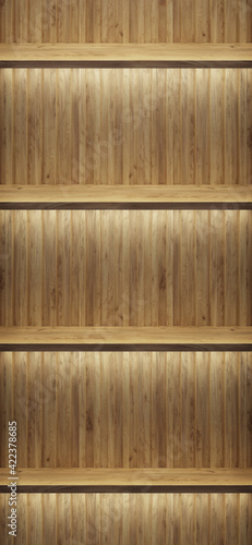 Realistic wooden empty shelves for promotion design. Presentation template. Space background. Blank display exhibition stand. shelf mobile. Supermarket showcase mockup template. 3d render