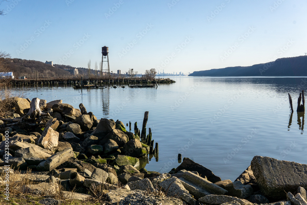Hastings on Hudson, NY - USA - Mar. 20, 2021: Landscape view of MacEachron Waterfront Park, on the Hudson River in Westchester, NY.