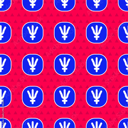 Blue Neptune planet symbol icon isolated seamless pattern on red background. Astrology, numerology, horoscope, astronomy. Vector