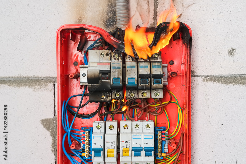 Circuit breakers on fire from overheating due to poor connection or