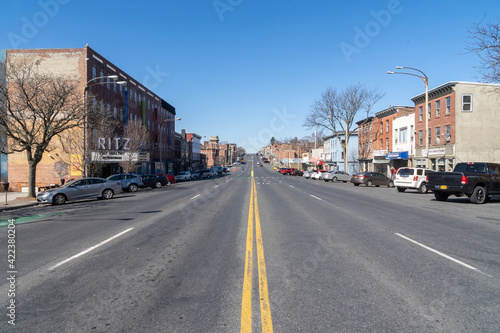 Newburgh, NY - USA - Mar. 21, 2021: Wide angle view of Broadway in Newburgh's downtown shopping district.