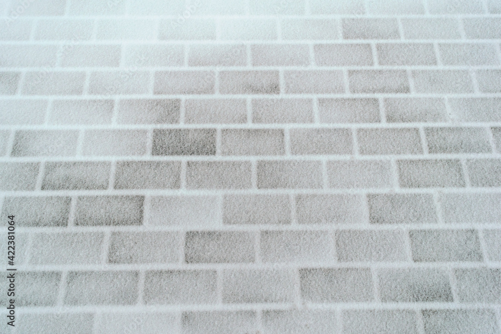 Naklejka premium The paving slabs are covered with a thin layer of snow. Texture. Background.