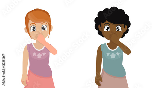 Girl holding fingers on nose. person covering breath with hand for bad smell.