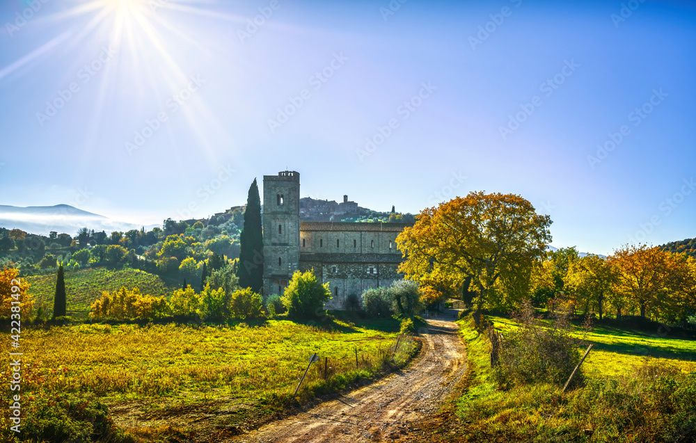 Sant Antimo Montalcino church, country road and Castelnuovo Abate village. Tuscany, Italy