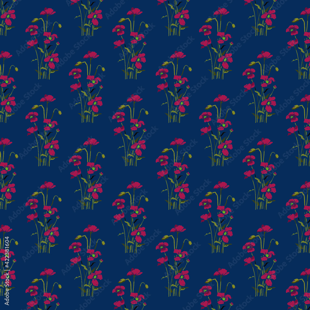 Red poppies on a dark blue background. Pattern. Textile for wallpaper. Vector . Red poppies on a dark blue background. Pattern. Textile for wallpaper. Vector .