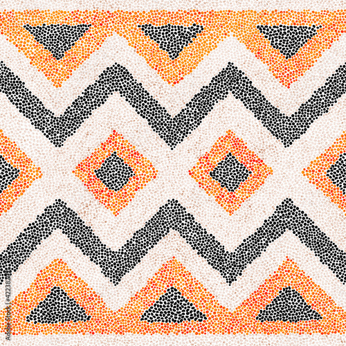 Seamless embroidery pattern in polka dot style. Grunge texture. Abstract geometric tribel ornament. Punch needle embroidery, handmade, carpet print. Vector illustration.