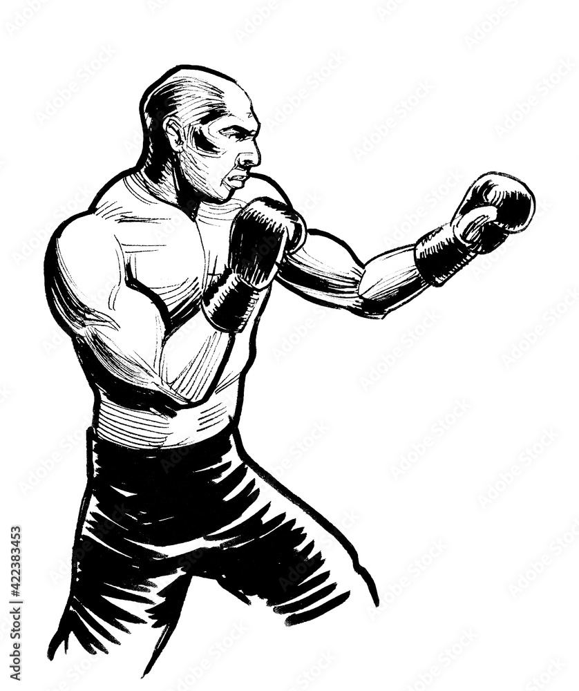 Fototapeta premium Boxing athlete. Ink black and white drawing