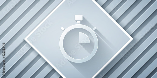 Paper cut Stopwatch icon isolated on grey background. Time timer sign. Chronometer sign. Paper art style. Vector