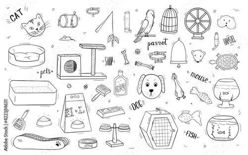 A large set of animals and pet accessories with lettering. Doodle icons black and white isolated objects on white.