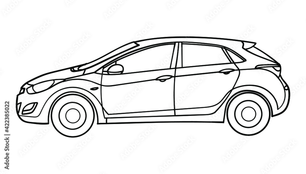 Outline drawing of a car hatchback from side view. Vector doodle illustration