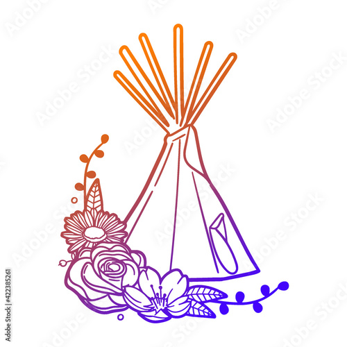 Native Tent Rose Flower with Vintage Structure Design. Indian Tipi Floral frame ornament vector style. Decoration Design Wreat illustration.
