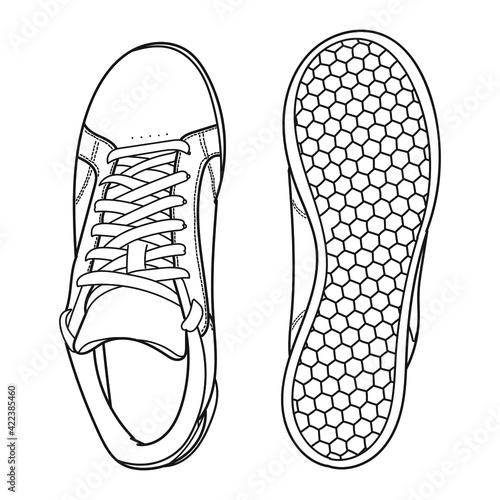 Hand drawn sneakers, gym shoes. Doodle vector illustration. Bottom and above view.