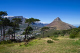 View of a famous hill in Cape Town called Lion's Head. Sunny day and blue sky in the background.
