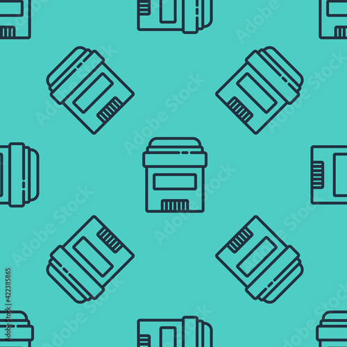 Black line Antiperspirant deodorant roll icon isolated seamless pattern on green background. Cosmetic for body hygiene. Vector