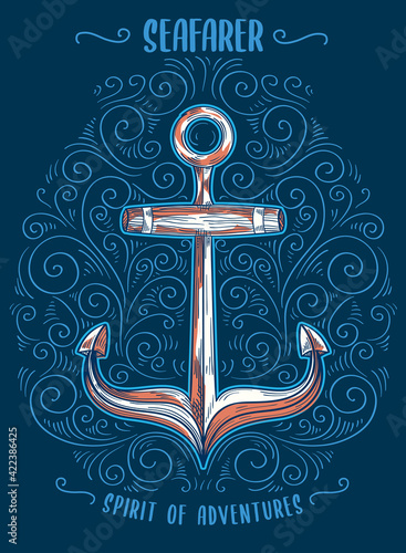 Hand-drawn funky ornate decorative anchor emblem