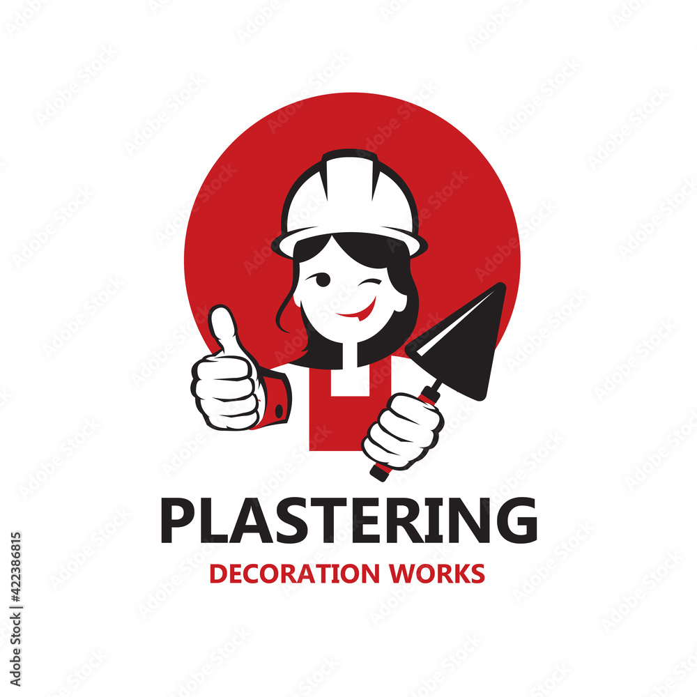 icon of lady plasterer in safety helmet with trowel in hand isolated on white background