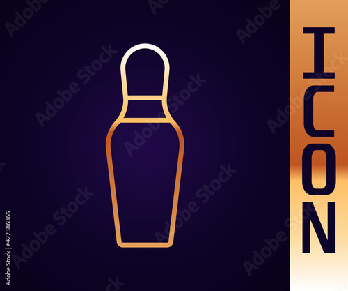 Gold line Bowling pin icon isolated on black background. Vector