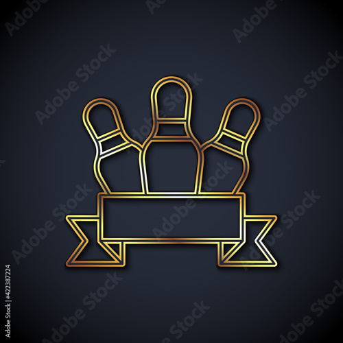 Gold line Bowling pin icon isolated on black background. Vector