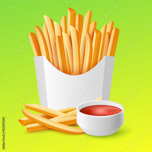 Box with french fries potato and ketchup, realistic vector illustration isolated.