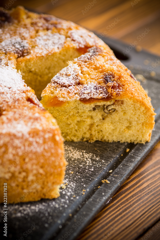 cooked sweet biscuit with dried apricots and nuts inside cooked sweet biscuit with dried apricots and nuts inside