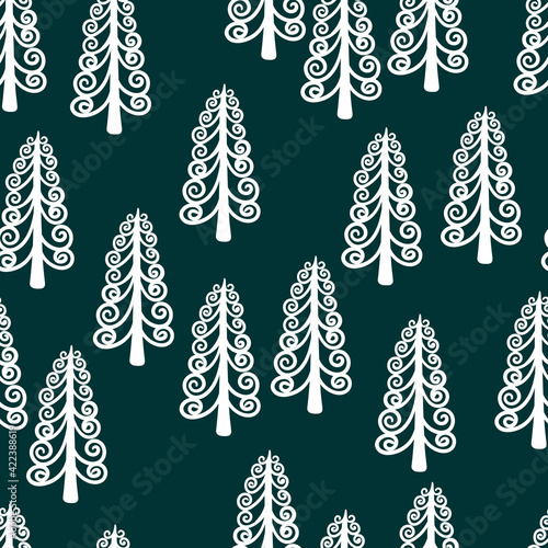 Spruce winter forest seamless pattern. Simple seamless background of decorative Christmas trees. For wrappers, fabrics, backdrops, children's rooms, etc.