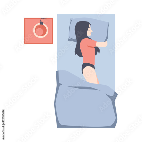 Cartoon woman sleeping in bed with pillow. Top view of young girl