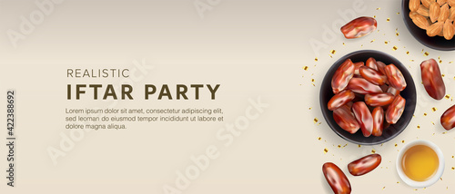 Iftar party invitation background template vector design with 3d realistic dates. Islamic ramadan eid mubarak festival banner. Holiday banner
