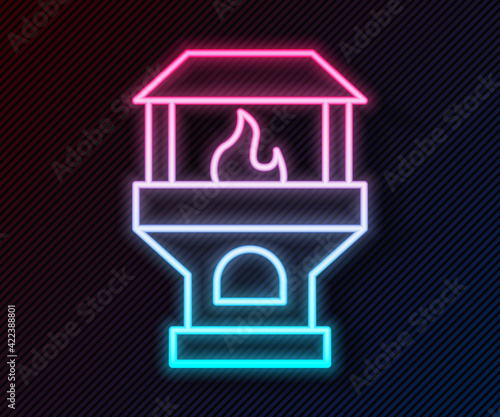 Glowing neon line Brick stove icon isolated on black background. Brick fireplace, masonry stove, stone oven icon. Vector