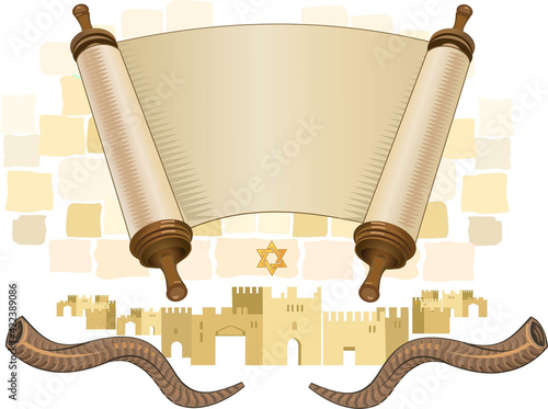 papyrus on a white background. Scroll paper. Torah in the unfolded state.rosh hashanah (jewesh holiday) concept - shofar, torah book
